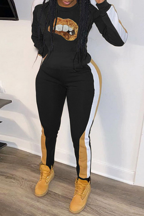 

Lovely Casual Lip Patchwork Black Two-piece Pants Set
