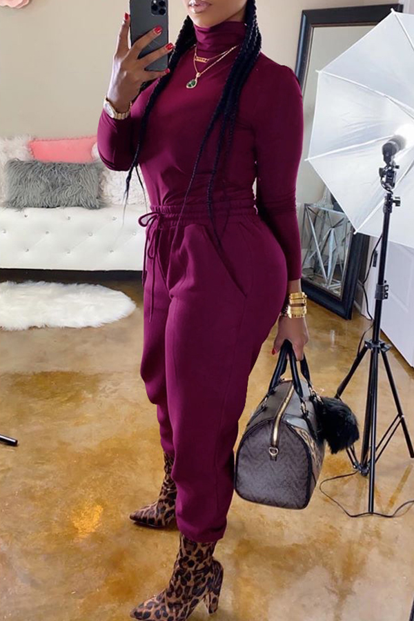 

Lovely Casual Turtleneck Drawstring Wine Red Two-piece Pants Set