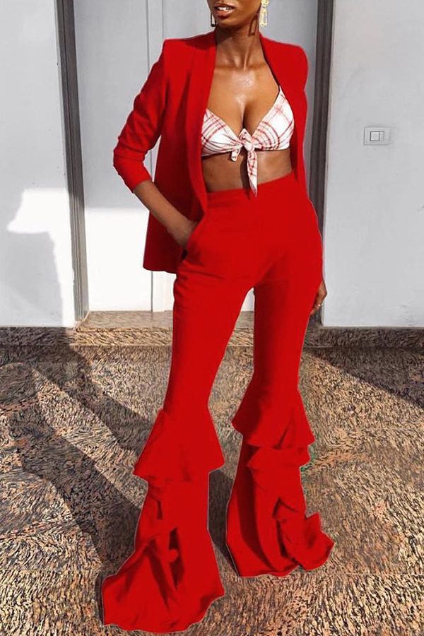 

Lovely Work Turn-back Collar Flounce Red Two-piece Pants Set