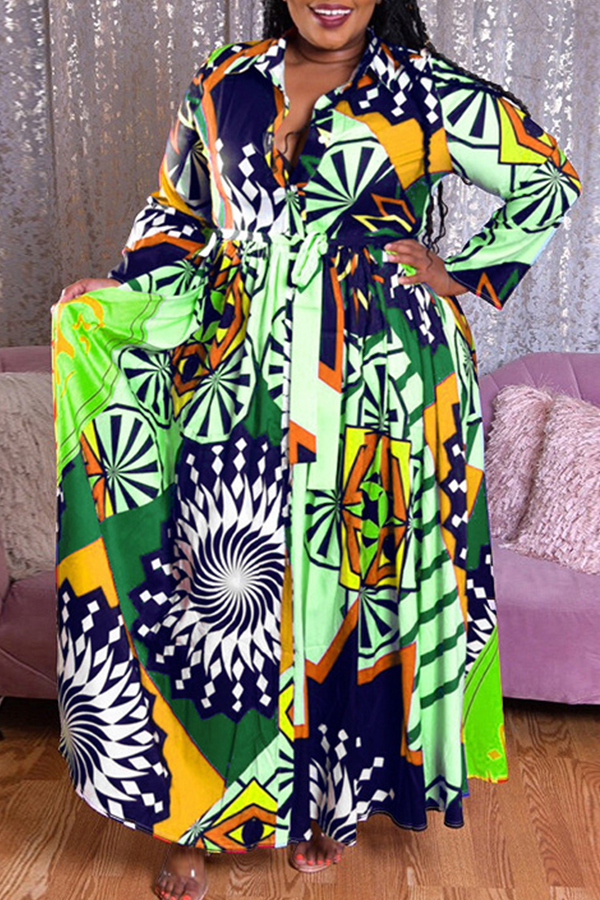 

Lovely Casual Print Green Ankle Length Plus Size Dress