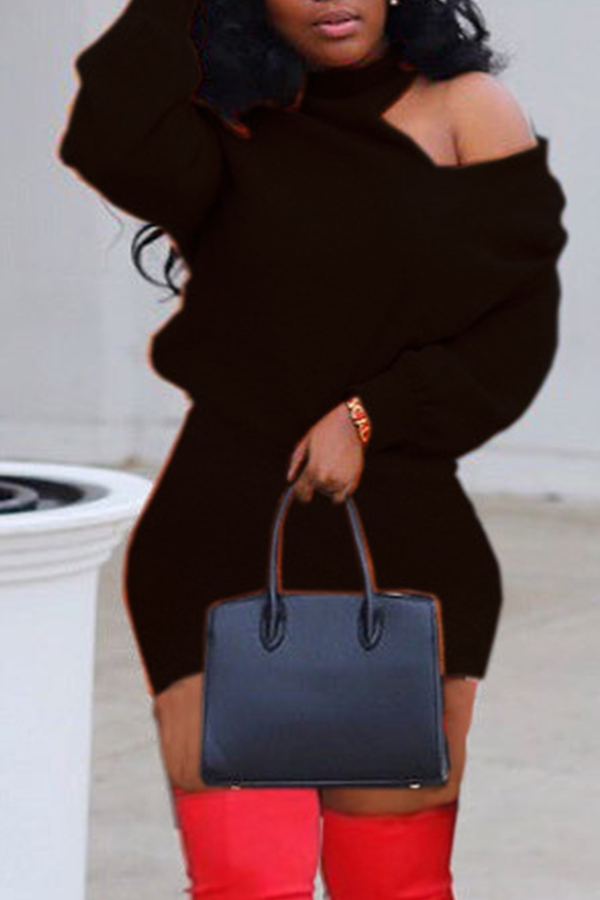 

Lovely Leisure Turtleneck Dew Shoulder Black Mini Dress