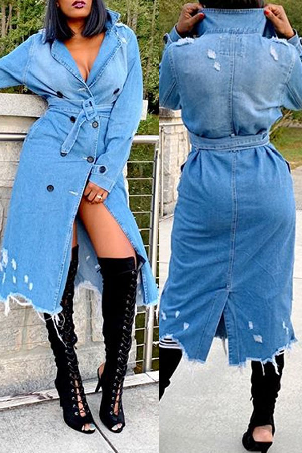 

Lovely Casual Raw Edge Long Blue Coat