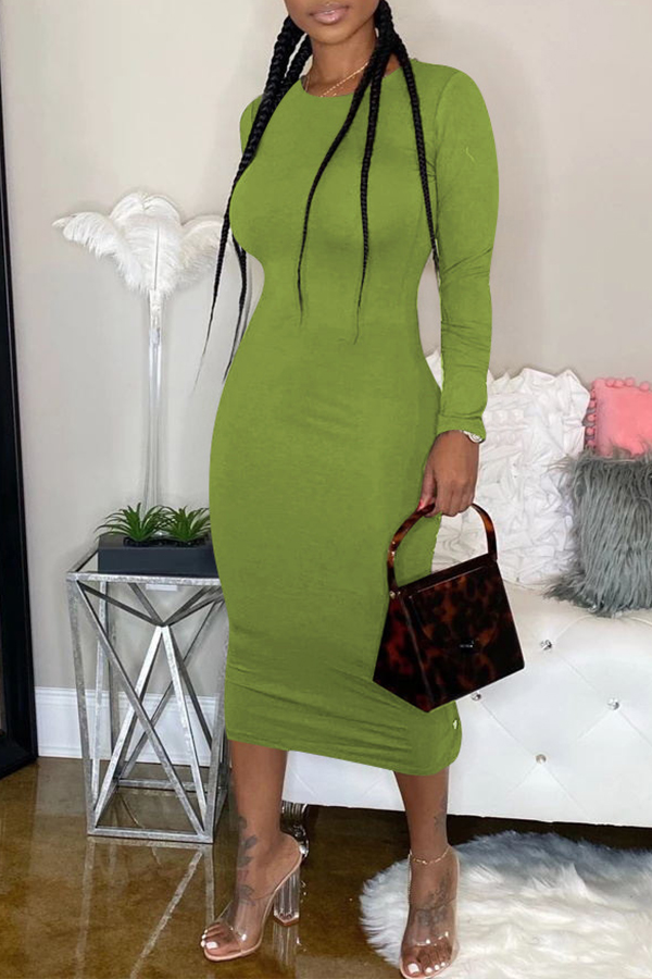 

Lovely Casual O Neck Skinny Green Mid Calf Dress