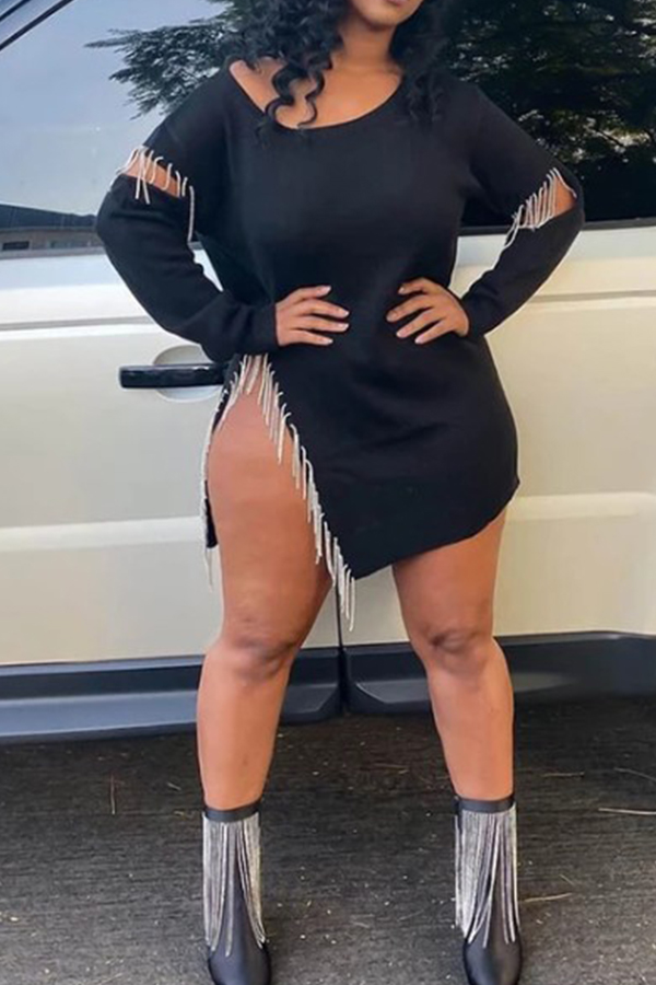 

Lovely Casual Tassel Design Black Mini Dress