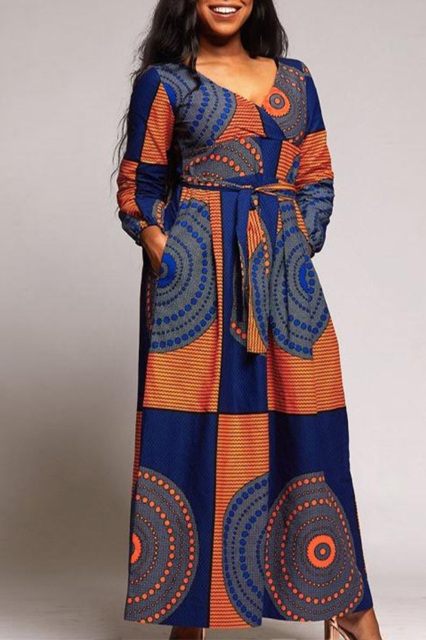 

Lovely Trendy V Neck Print Jacinth Ankle Length Dress