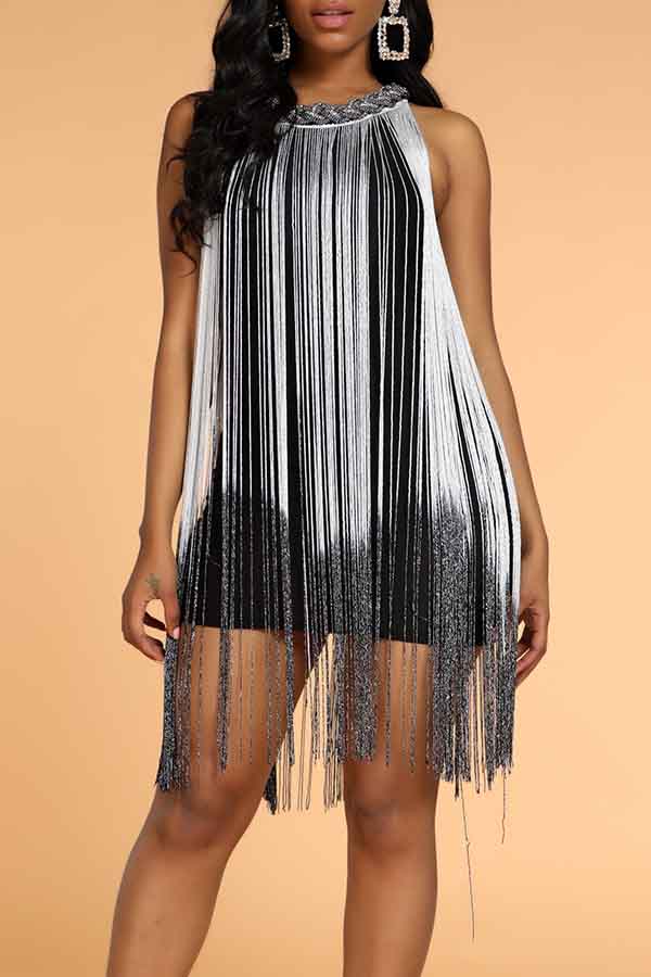 

Lovely Party O Neck Tassel Design Black Mini Prom Dress, Grey