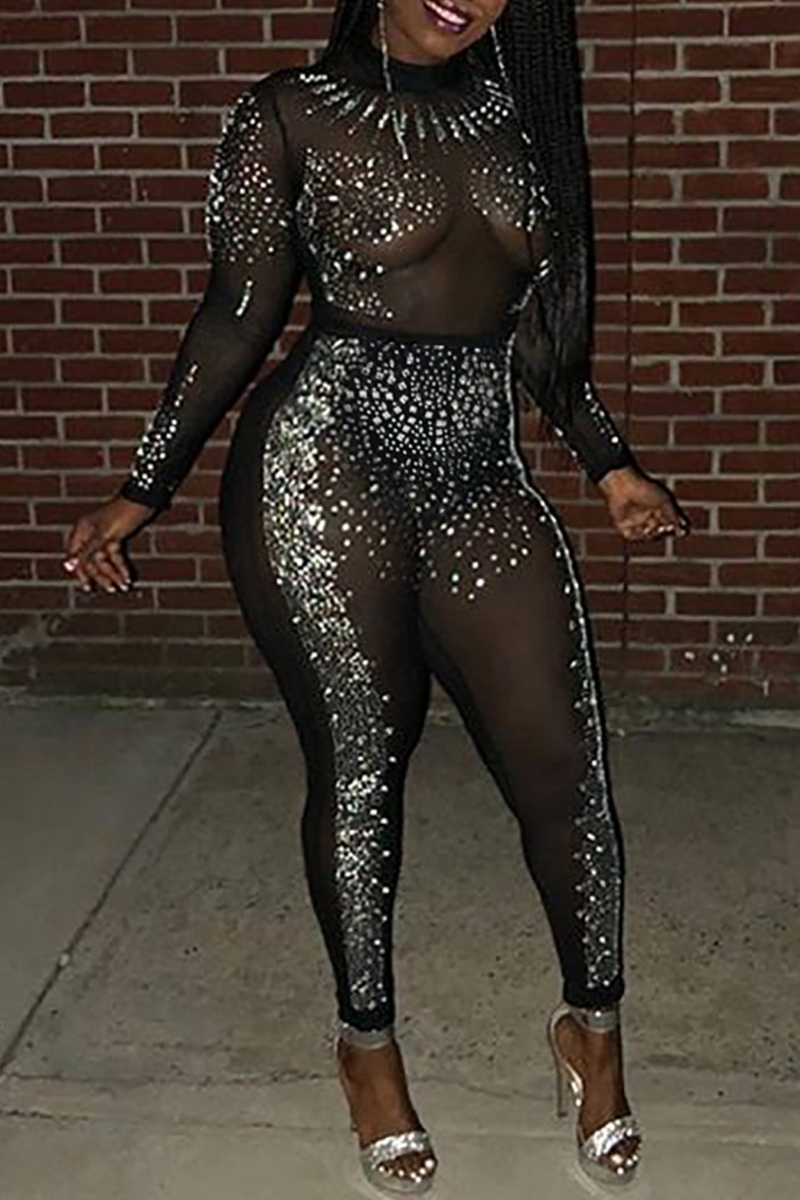 

Lovely Sexy Hot Drilling Decorative Black One-piece Jumpsuit