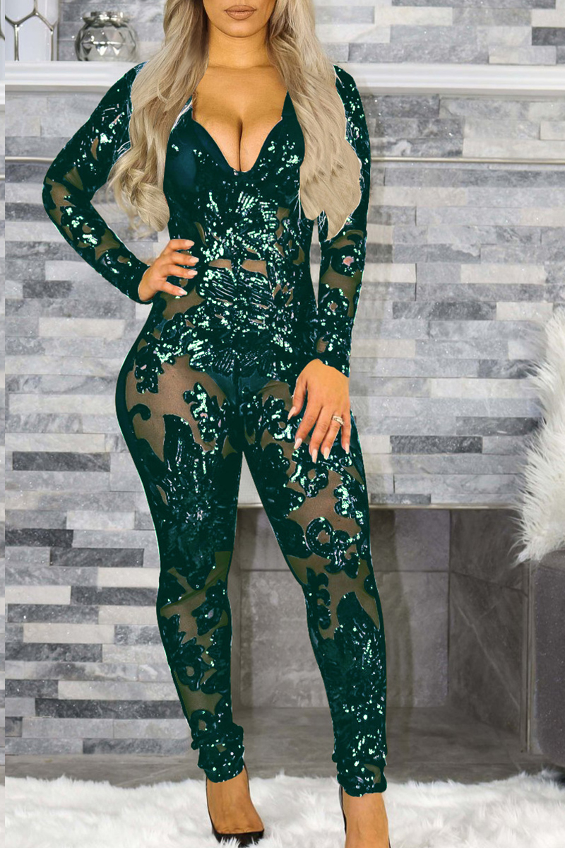 

Lovely Casual Patchwork Green One-piece Jumpsuit