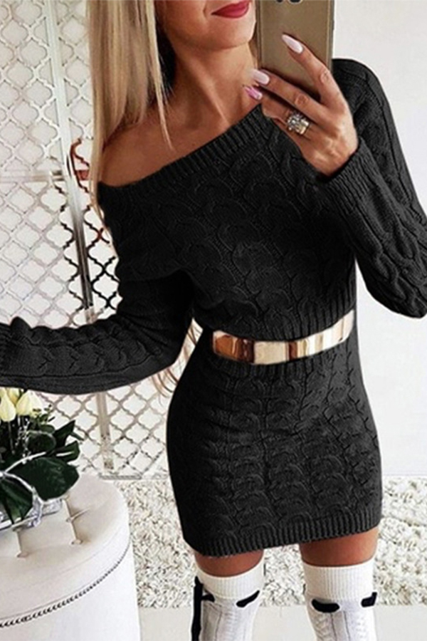 

Lovely Chic Dew Shoulder Black Mini Dress(Without Belt