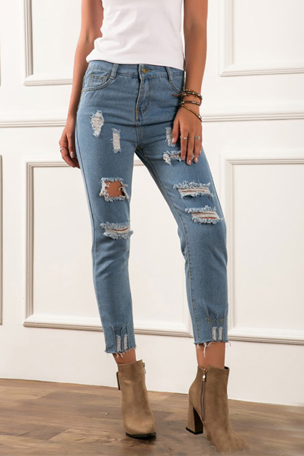 

Lovely Casual Broken Holes Baby Blue Jeans