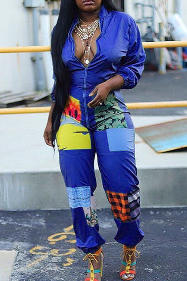 

Lovely Trendy Patchwork Blue One-piece Jumpsuit