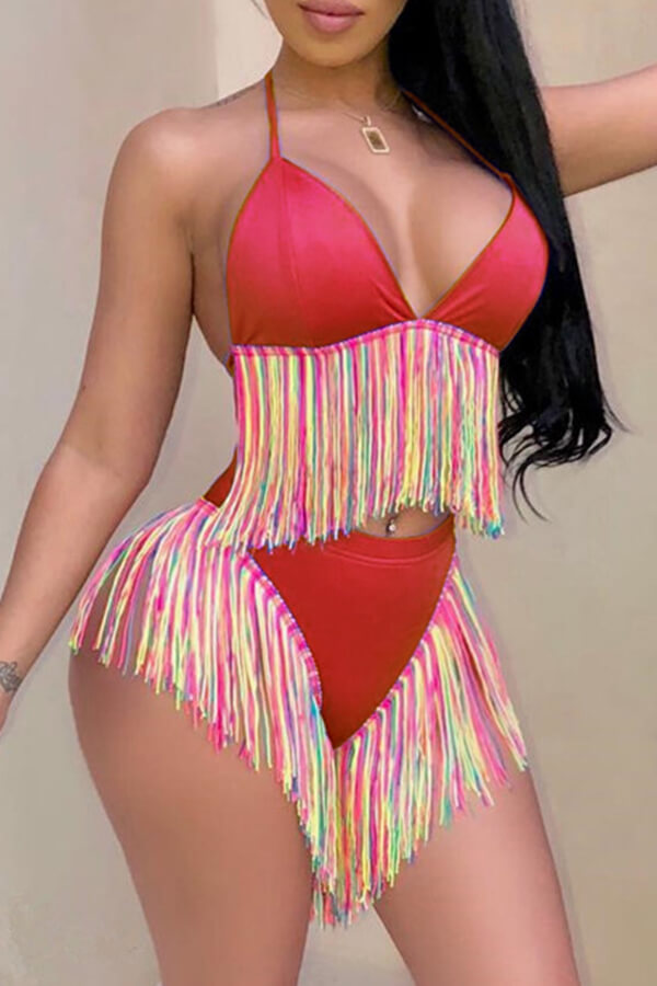 LW Tassel Design Red Two-piece Swimsuit