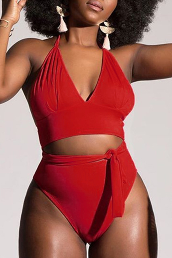 

Lovely V Neck Red Plus Size Two-piece Swimwear