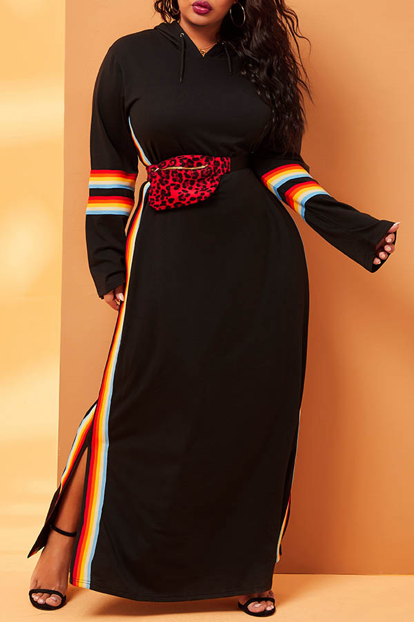 

Lovely Casual Patchwork Striped Black Ankle Length Plus Size Dress