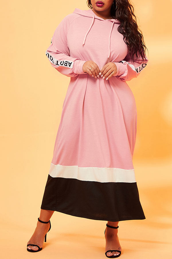 

Lovely Casual Hooded Collar Patchwork Pink Mid Calf Plus Size Dress