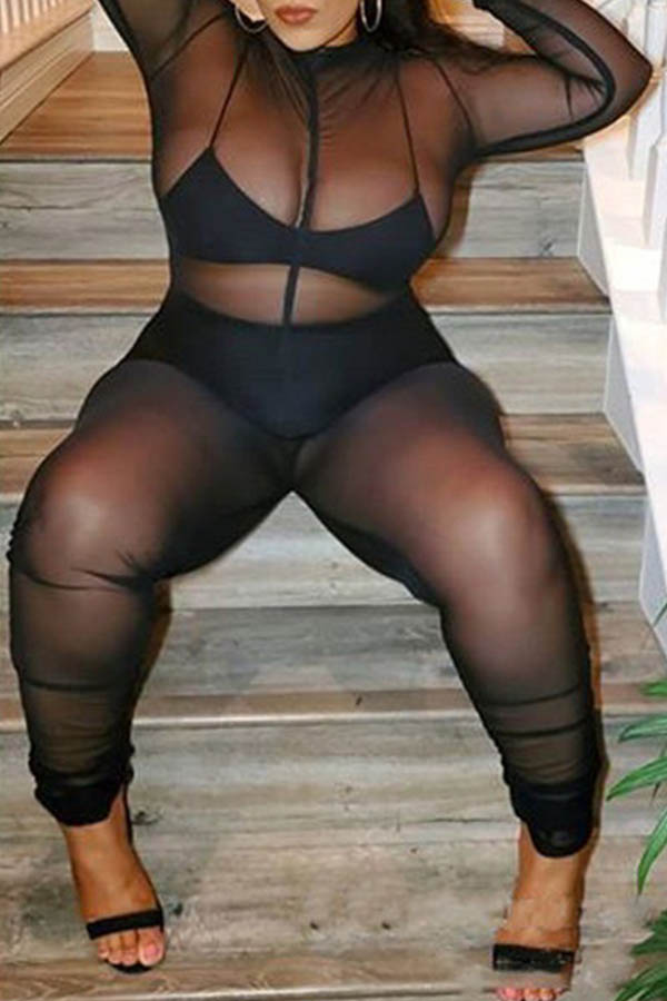 

Lovely Sexy See-through Black Plus Size One-piece Jumpsuit