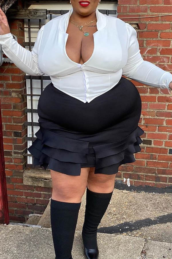 

Lovely Casual Flounce Design White Plus Size Two-piece Skirt Set