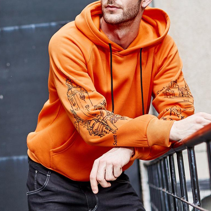 

Lovely Casual Hooded Collar Print Orange Hoodie