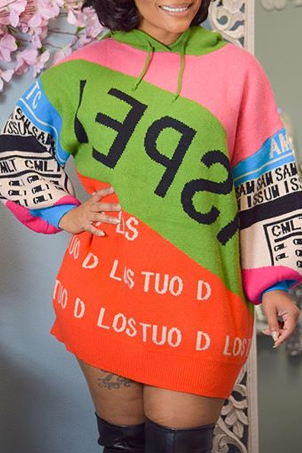 

Lovely Casual Hooded Collar Print Multicolor Mini Dress, Multi