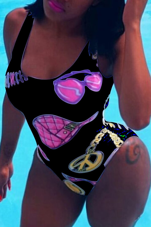 

Lovely Casual Print Black One-piece Swimsuit