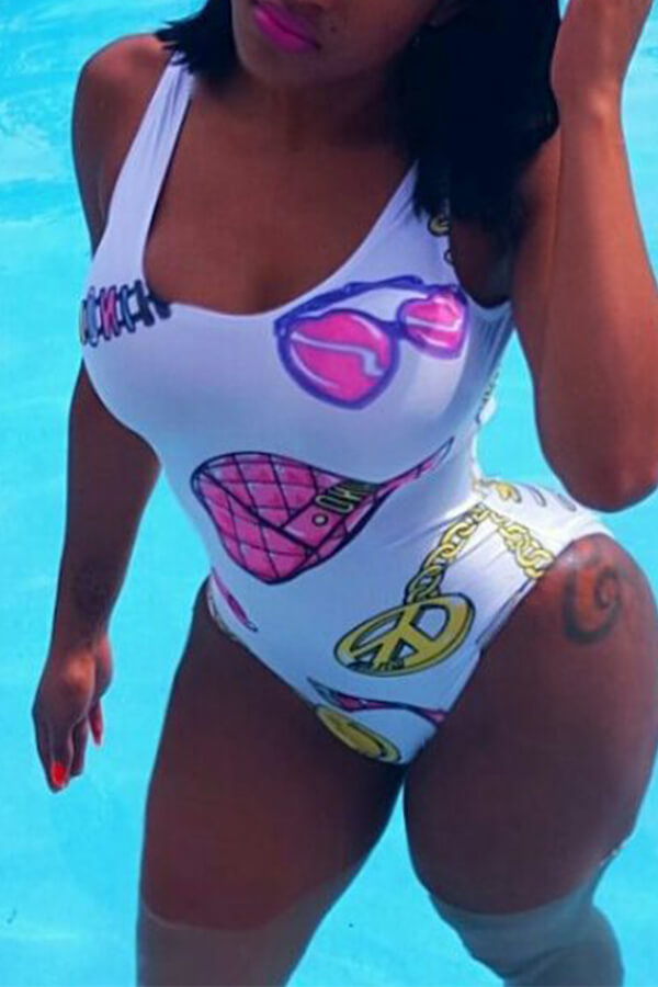 

LW Chain Print Backless One-piece Swimsuit, White