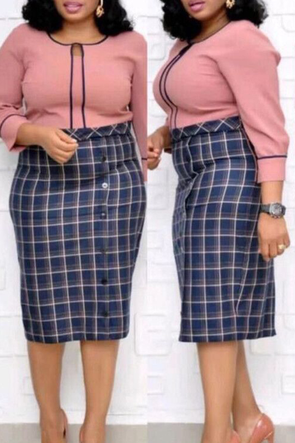 

Lovely Trendy Plaid Print Pink Knee Length Plus Size Dress