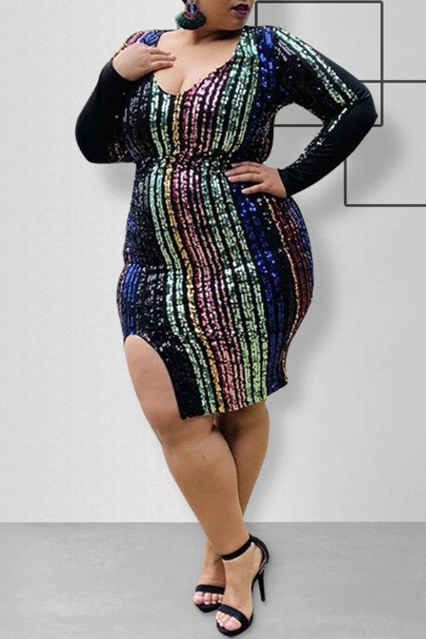 

Lovely Casual Striped Multicolor Knee Length Plus Size Dress, Multi