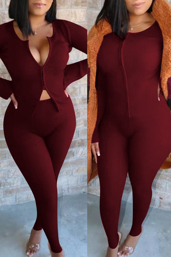 

Lovely Trendy O Neck Skinny Wine Red Two-piece Pants Set