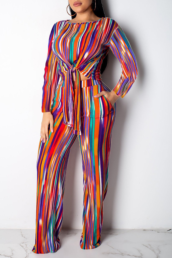 

Lovely Chic O Neck Striped Red Two-piece Pants Set