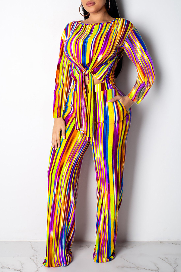 

Lovely Chic O Neck Striped Yellow Two-piece Pants Set