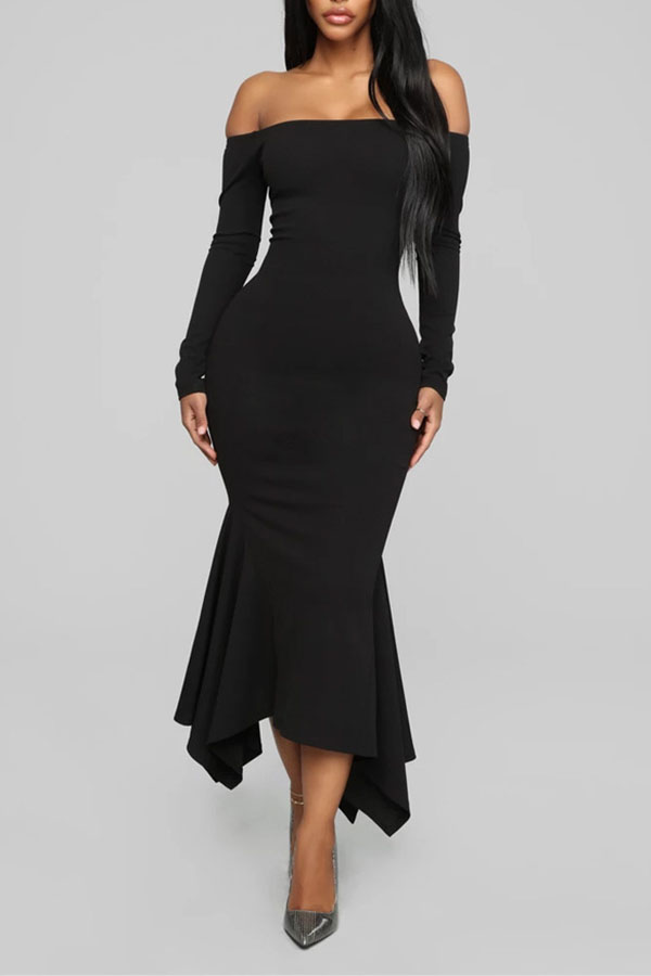 

Lovely Sweet Dew Shoulder Skinny Black Ankle Length Dress