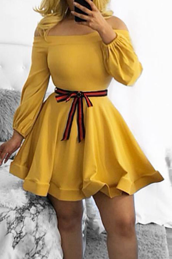 

Lovely Casual Dew Shoulder Yellow Mini Dress