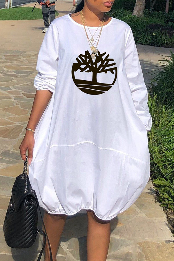 

Lovely Casual Print Loose White Knee Length Dress