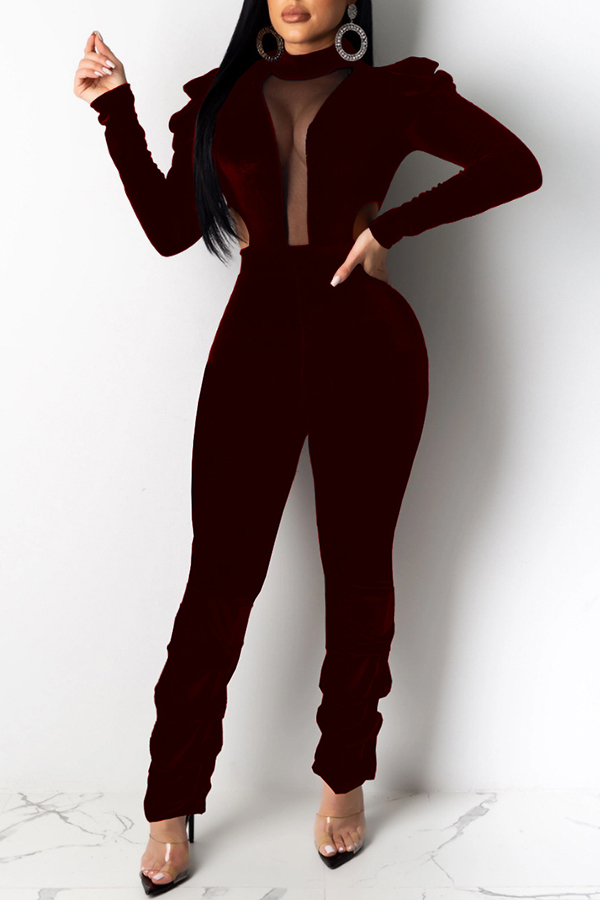 

Lovely Sexy See-through Wine Red One-piece Jumpsuit