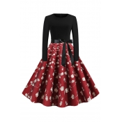 Lovely Christmas Day Printed Red Mid Calf Dress