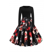 Lovely Christmas Day Printed Black Mid Calf Dress