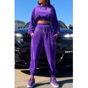 Lovely Casual Hooded Collar Crop Top Purple Two-pi