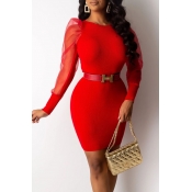 Lovely Sweet Patchwork Red Mini Dress(Without Belt