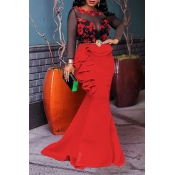 Lovely Party Patchwork Flounce Red Floor Length Pr