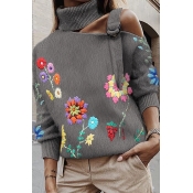 Lovely Casual Embroidered Design Grey Sweater