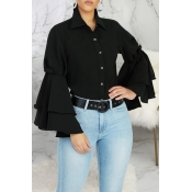 Lovely Casual Buttons Flounce Design Black Shirt