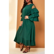 Lovely Casual Flounce Patchwork Green Ankle Length