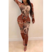 Lovely Trendy Hollow-out Printed Brown One-piece J