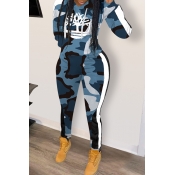 Lovely Casual Hooded Collar Camouflage Printed Blu