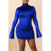 Lovely Casual Zipper Design Blue Mini Dress