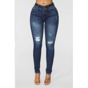 Lovely Casual Broken Holes Skinny Deep Blue Jeans
