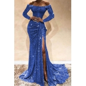 Lovely Party Side High Slit Blue Trailing Evening 