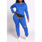 Lovely Casual Broken Holes Blue Plus Size Two-piec