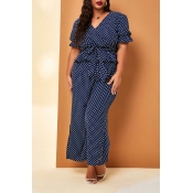 Lovely Casual V Neck Dot Printed Blue Plus Size On