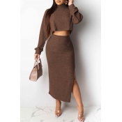 Lovely Casual Turtleneck Coffee Two-piece Skirt Se